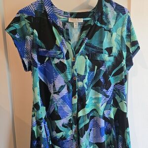 Dana Buchman Blue and Green Abstract Top